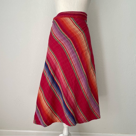 VINTAGE SARAPE COTTON WRAP SKIRT RAINBOW MULTICOLOR STRIPED MIDI - Picture 3 of 13
